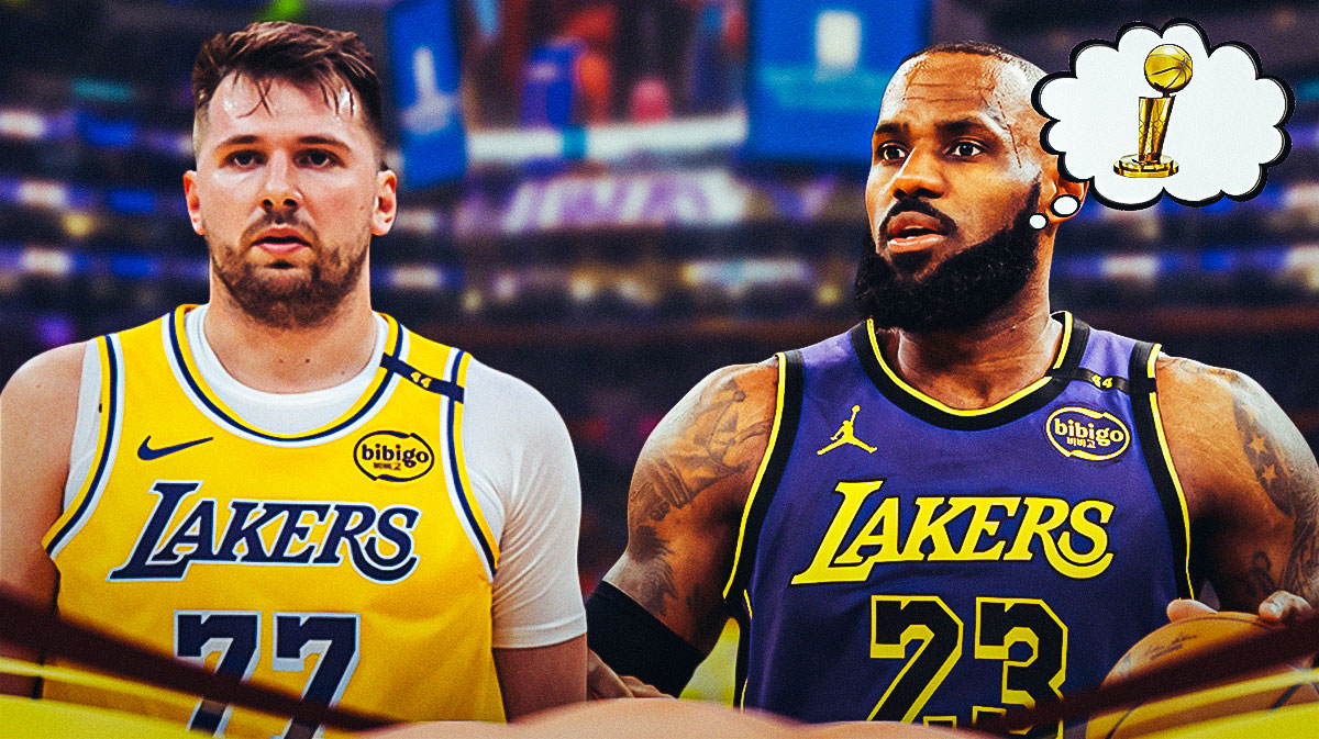 LeBron James with a thought bubble of an NBA title, and Luka Doncic next to him, with a background of the Lakers home arena.