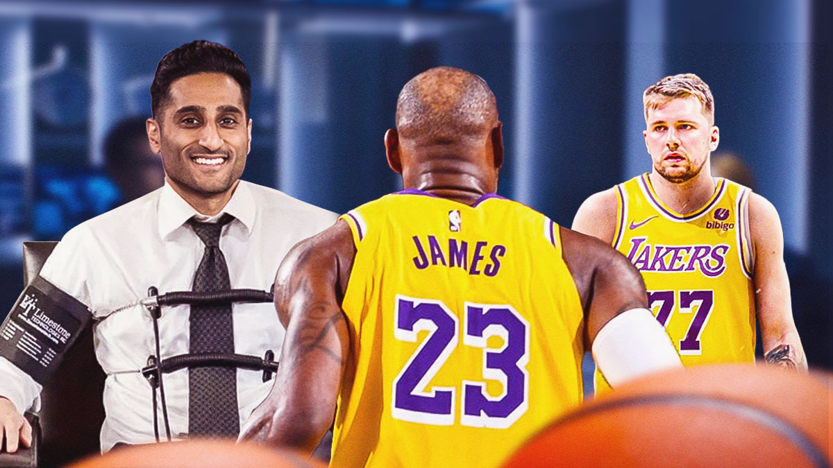 Lakers' LeBron James and Luka Doncic (Doncic in Lakers uniform) looking at Shams Charania taking a lie detector test