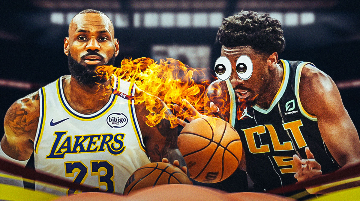 LeBron James on one side breathing fire, Mark Williams on the other side with the big eyes emoji over his face