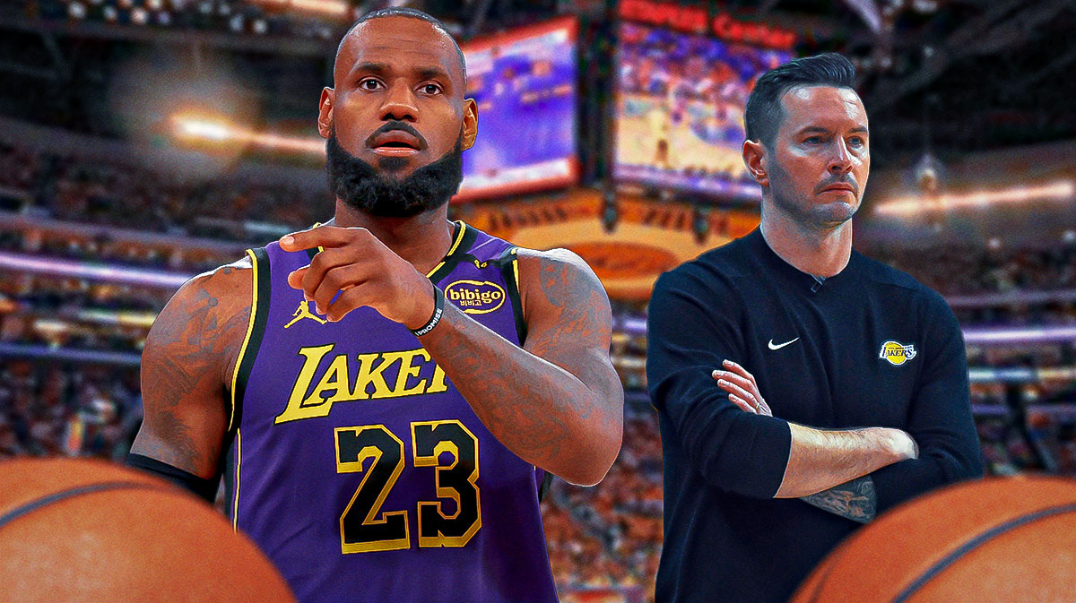 LA Lakers player LeBron James alongside LA Lakers coach JJ Redick. Have the Lakers arena in the background, defense