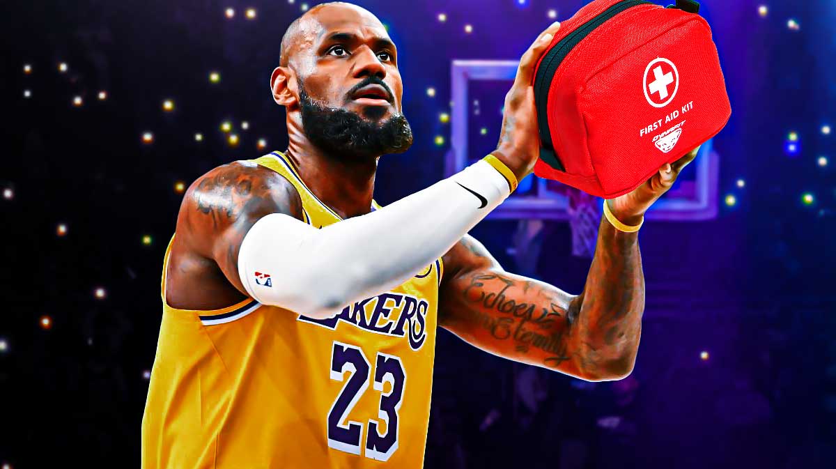 LeBron James (Lakers) shooting a ball but replace the ball with a medical cross symbol