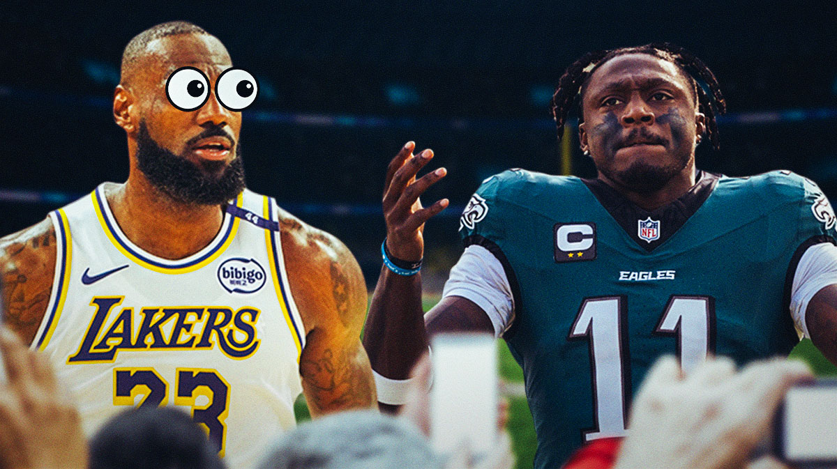 LeBron James on one side with the big eyes emoji over his face, A.J. Brown on the other side. Lakers