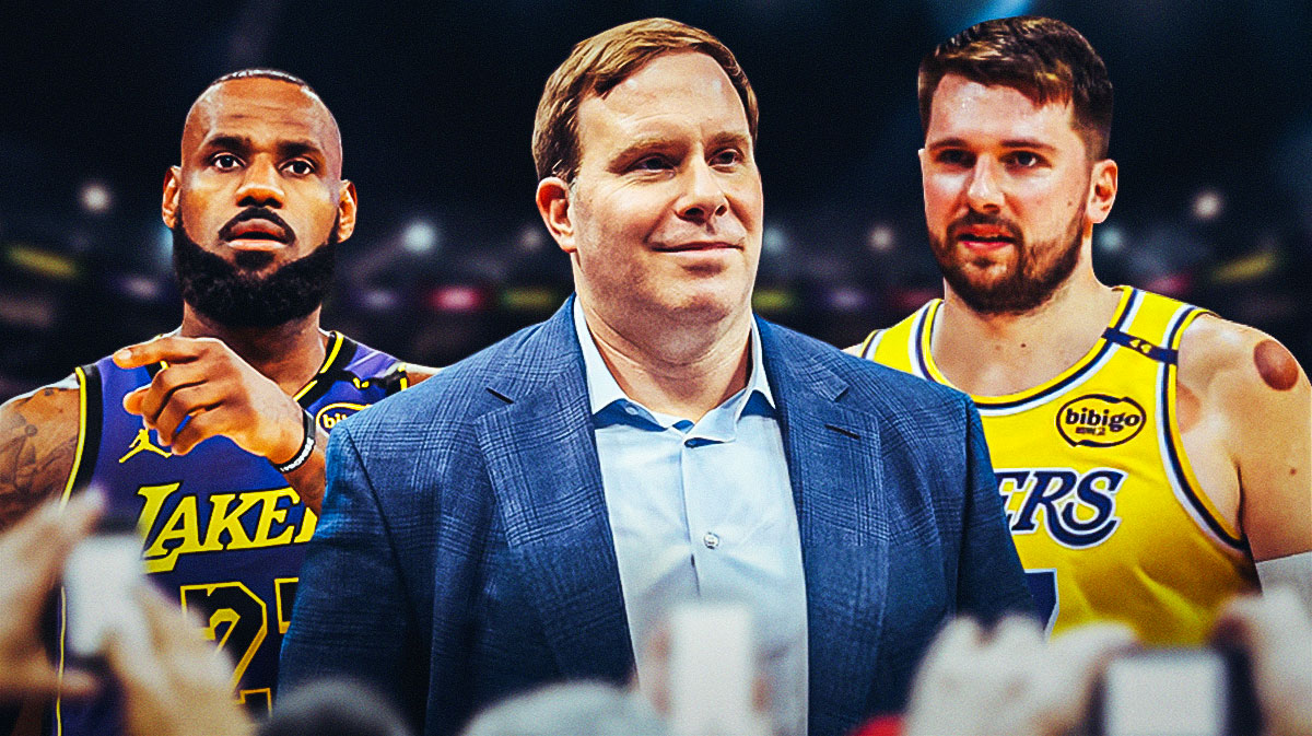 LeBron James, Patrick Dumont, and Luka Doncic in a Lakers jersey.