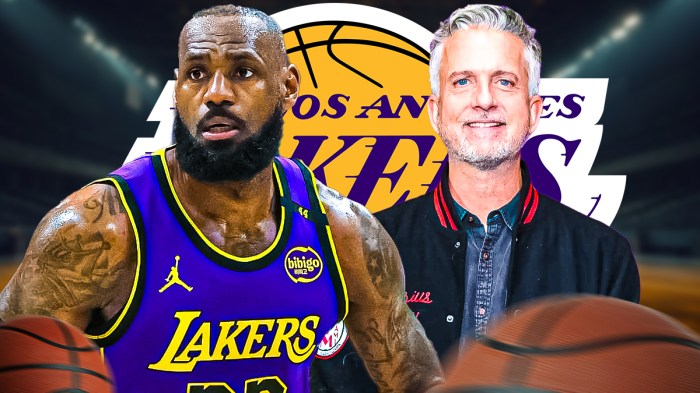 Lakers All-Star LeBron James next NBA analyst Bill Simmons with the Lakers logo in the background