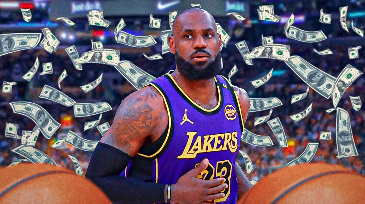 LeBron James with money around the picture.