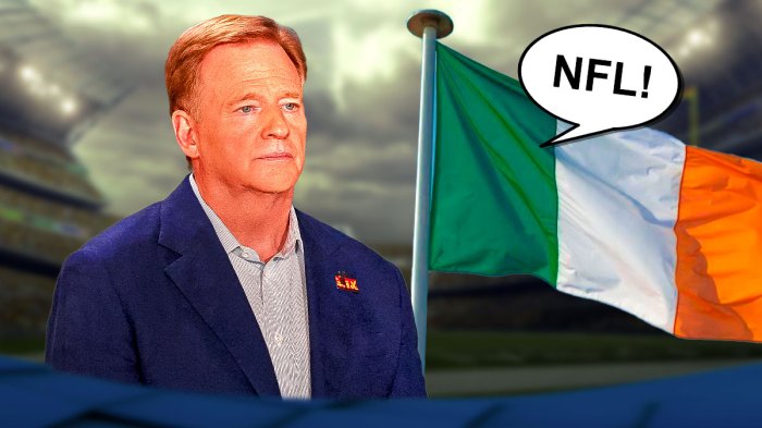 NFL commissioner Roger Goodell next to an image of the country of Ireland with a flag the says NFL!