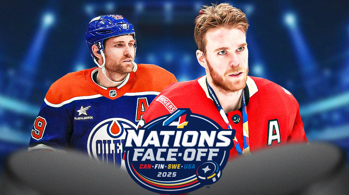 Connor McDavid looking happy in Team Canada jersey, Leon Draisaitl looking happy, 4 Nations logo in middle, hockey rink in background