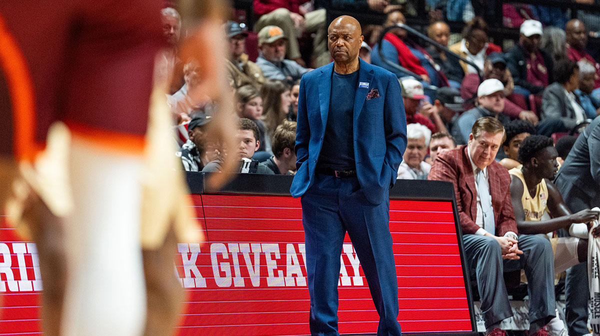 Florida State Seminoles head coach Leonard Hamilton watches his team from the sideline. The Florida State Seminoles hosted the Virginia Tech Hokies for a menÕs basketball game