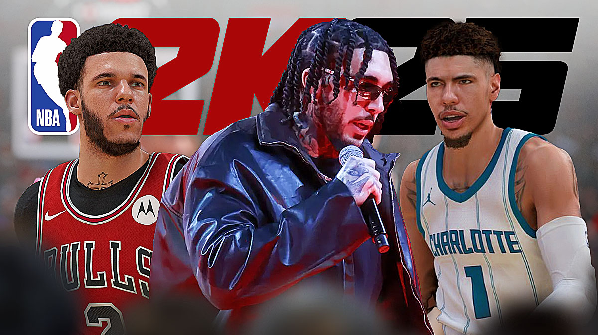 LiAngelo Ball in front singing a song. On left, need the NBA 2K25 version of Bulls Lonzo Ball. On right, need the NBA 2K25 version of Hornets LaMelo Ball. In background, place the NBA 2K25 logo.