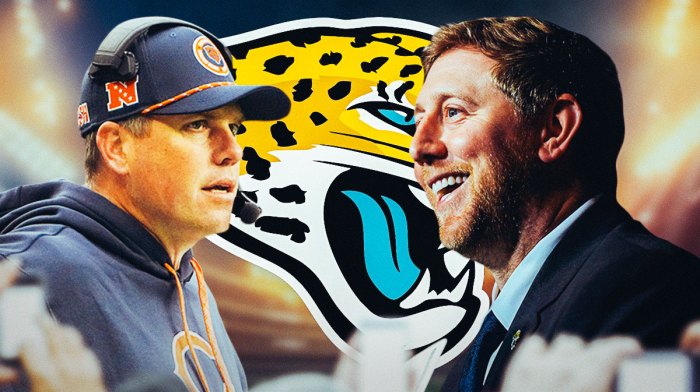 Jaguars Liam Coen and Bears Shane Waldron with Jacksonville Jaguars logo behind them