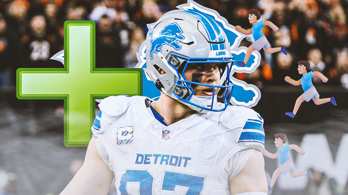 Detroit Lions DE Aidan Hutchinson with a green injury symbol. He is surrounded by running emojis (🏃). There is also a logo for the Detroit Lions.