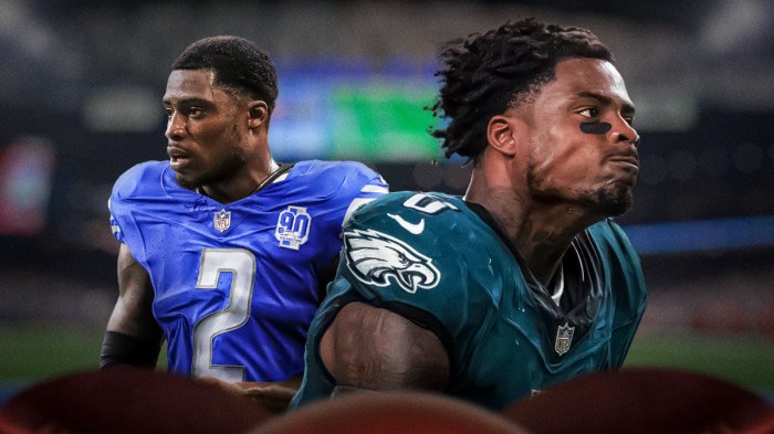 CJ Gardner Johnson when he was on the Lions and now with him on the Eagles in front of Ford Field.