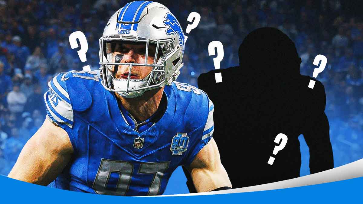 Aidan Hutchinson in a Detroit Lions uniform and a silhouette of Khalil Mack with question marks around them as the lions should add mack as a free agent.