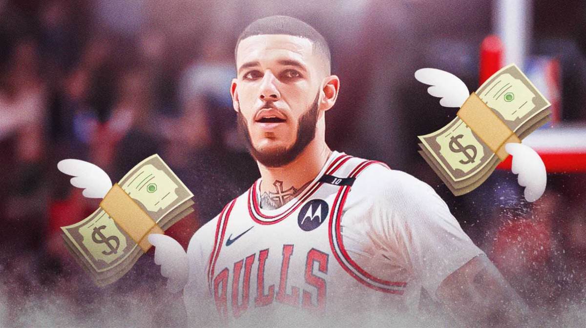 Bulls, Lonzo Ball, Lonzo Ball Bulls, Lonzo Ball contract, Lonzo Ball extension, Lonzo Ball with money emoji on graphic, Bulls arena in the background