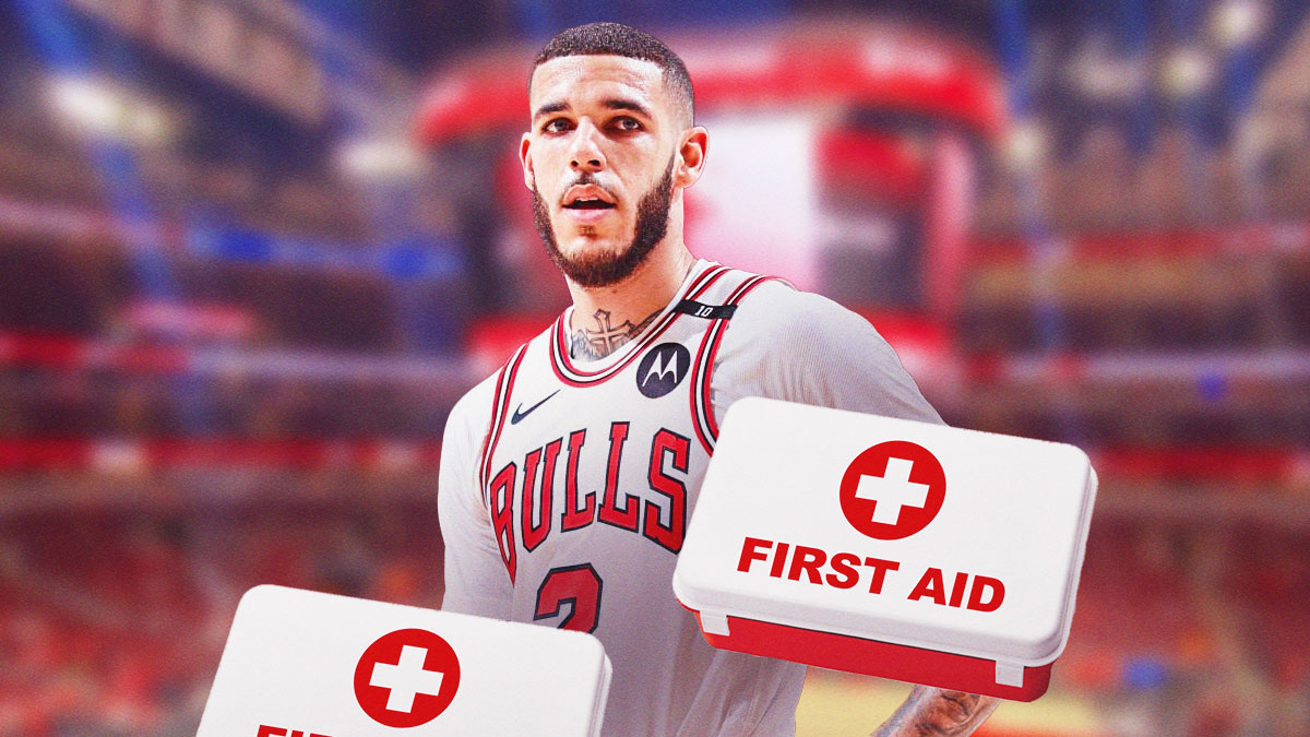 Bulls, Lonzo Ball, Lonzo Ball injury, Lonzo Ball update, Billy Donovan, Lonzo Ball with first aid/injury logo on graphic, Bulls arena in background