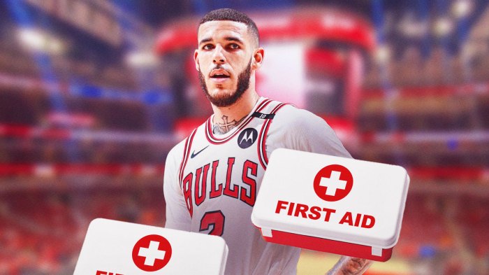 Bulls, Lonzo Ball, Lonzo Ball injury, Lonzo Ball update, Billy Donovan, Lonzo Ball with first aid/injury logo on graphic, Bulls arena in background