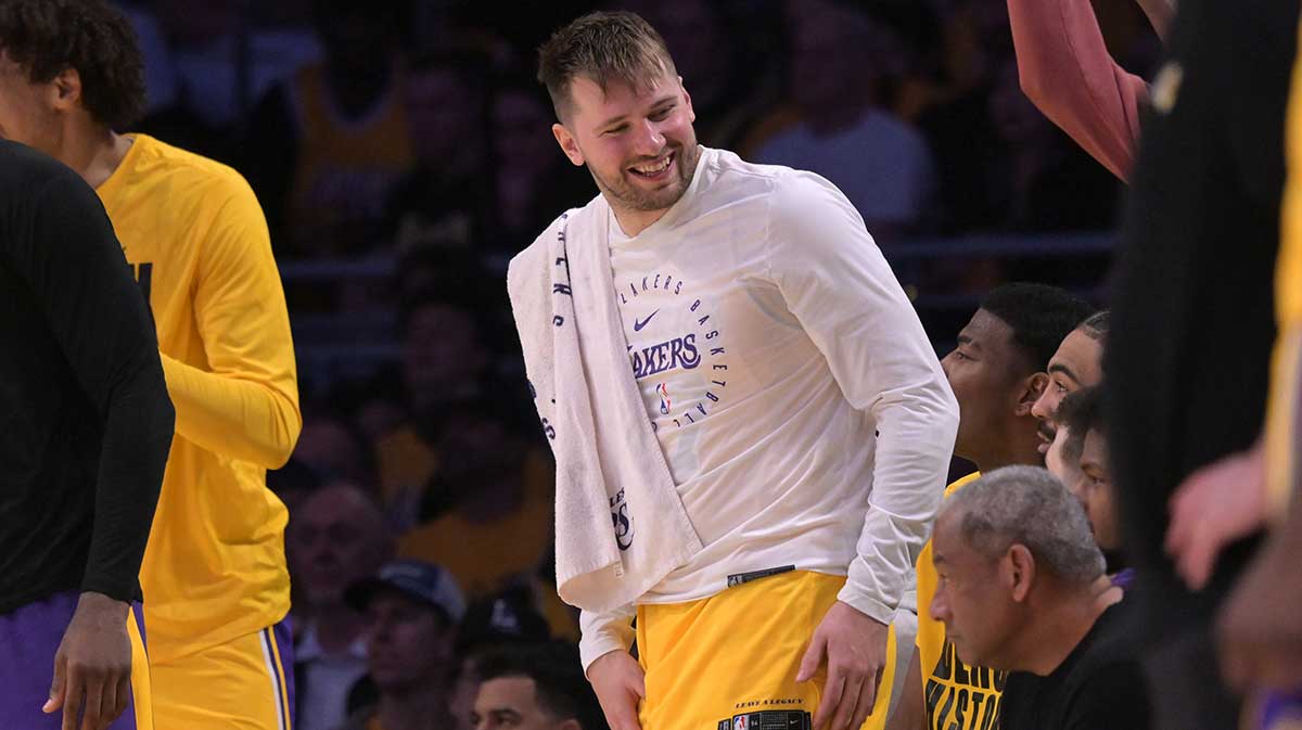 Los Angeles Lakers Guard Luka Doncic (77) on the bench in the second half against Jazz Utah at the Cripto.com Arena. Mandatory Credit: