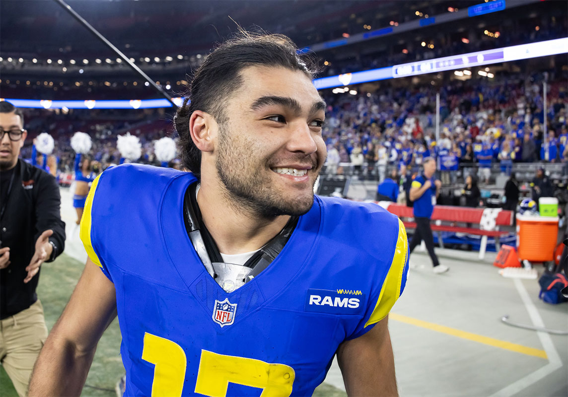 Los Angeles Rams see Receiver Puka Nacua (17) celebrates after the Wiking Minnesota during the NFC Wild Card game at the state farm stadium.