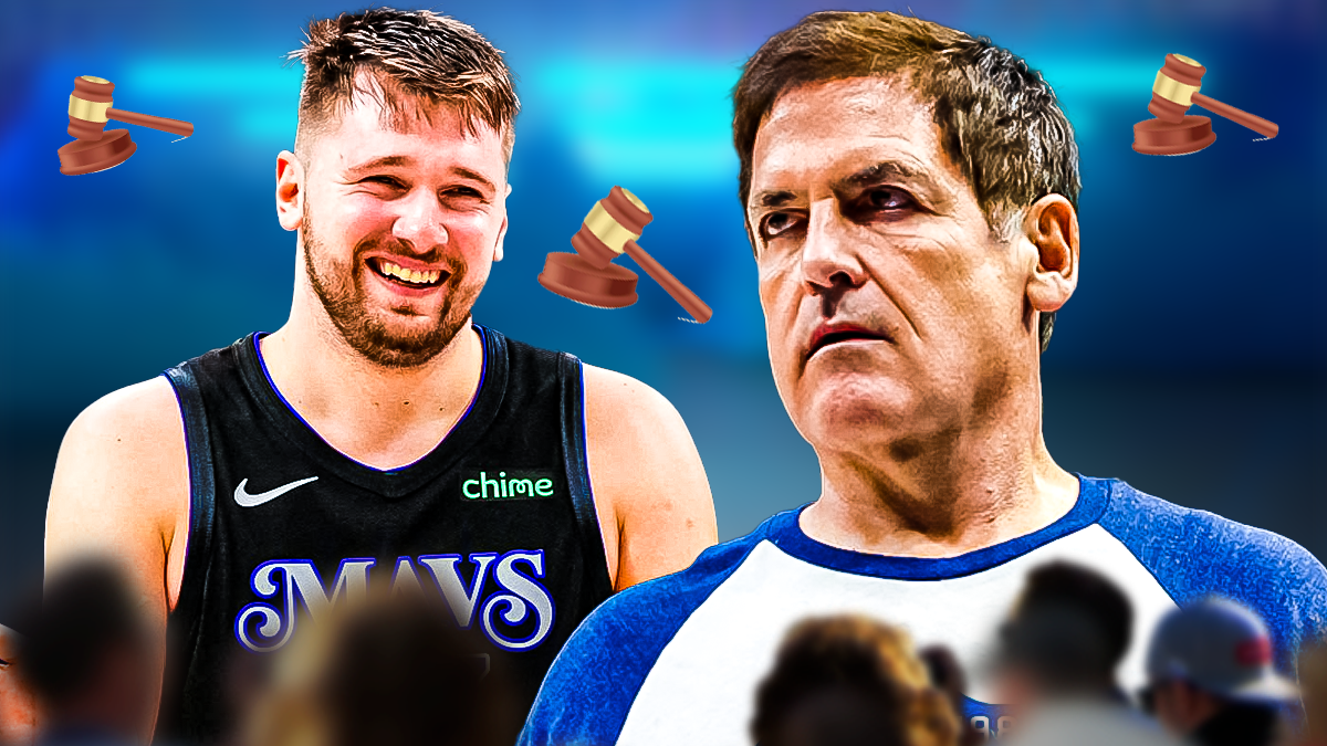 Image of Mavs Luka Doncic shrugging next to image of Mavs owner Mark Cuban looking upset/sad. image (or emoji) of judge hammer/gavel next to them
