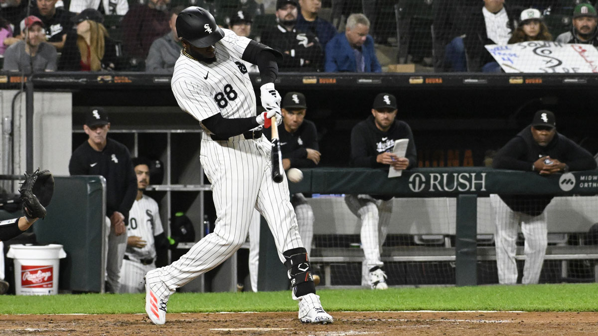 Chicago White Sox outfielder Luis Robert Jr. (88) hits a double against the Los Angeles Angels during the seventh inning at Guaranteed Rate Field.