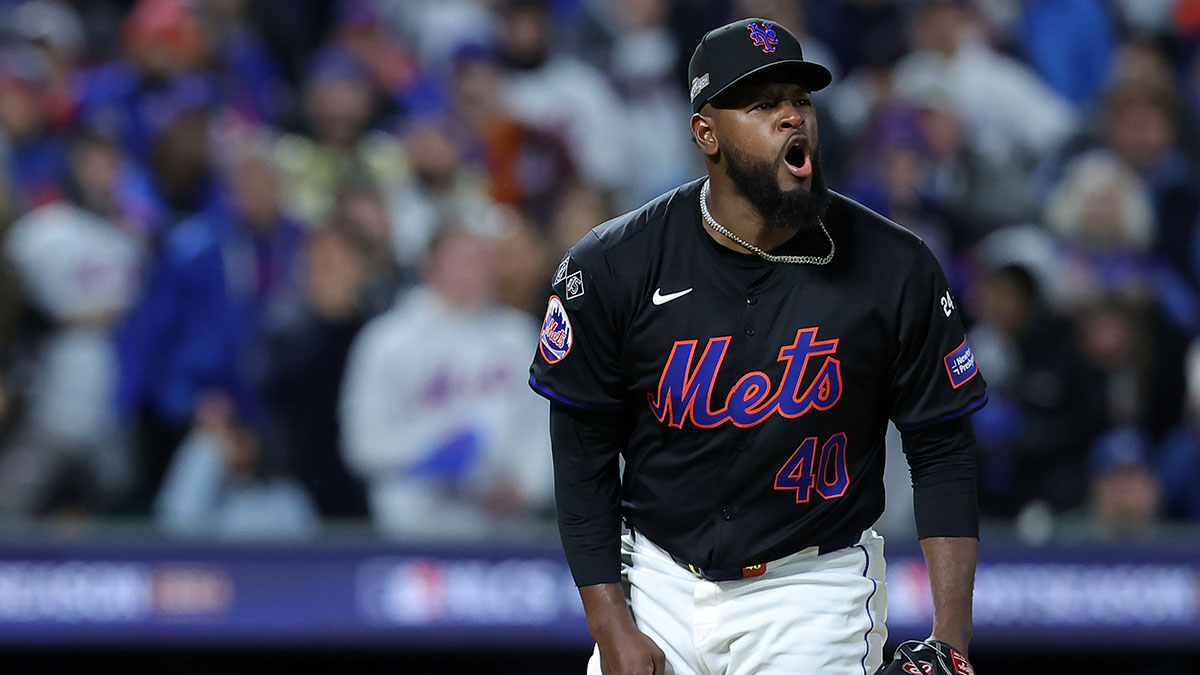 New York Mets pitcher Luis Severino (40) reacts after an out against the Los Angeles Dodgers in the fifth inning during game three of the NLCS for the 2024 MLB playoffs at Citi Field. 