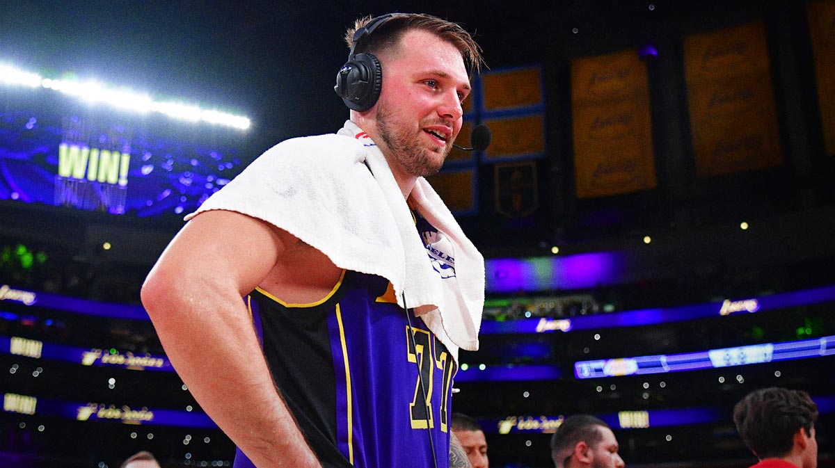 Los Angeles Lakers guard Luka Doncic (77) speaks to the media after the game against the Dallas Mavericks reacts at Crypto.com Arena.