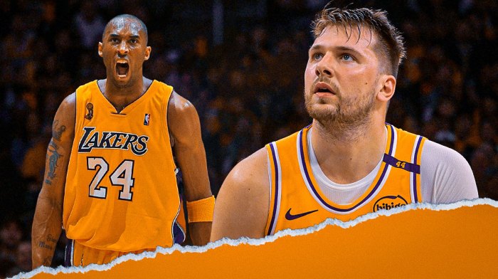 Lakers superstar Luka Doncic next to Lakers legend Kobe Bryant with the Los Angeles skyline in the background