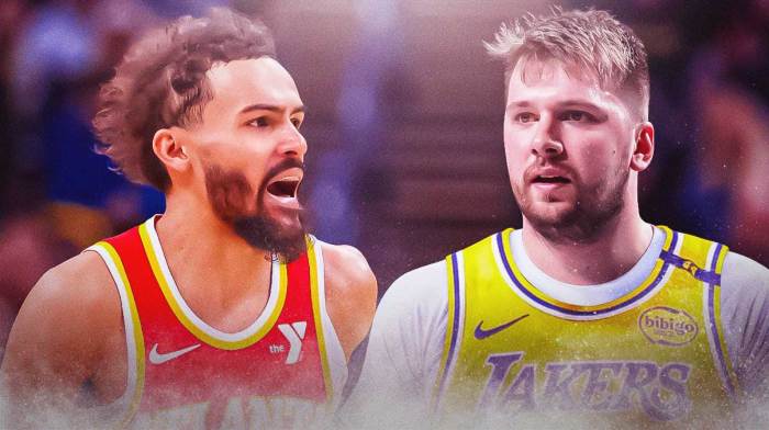 Luka Doncic in a Lakers jersey and Trae Young.