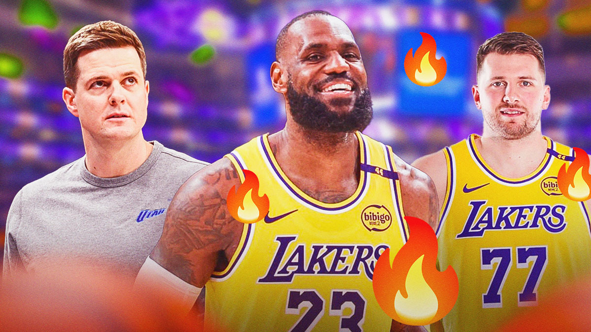 Image of Jazz coach Will Hardy next to image of Lakers LeBron James (in a Lakers jersey) smiling and Lakers Luka Doncic (in a Lakers jersey smiling). Fire emoji next to them