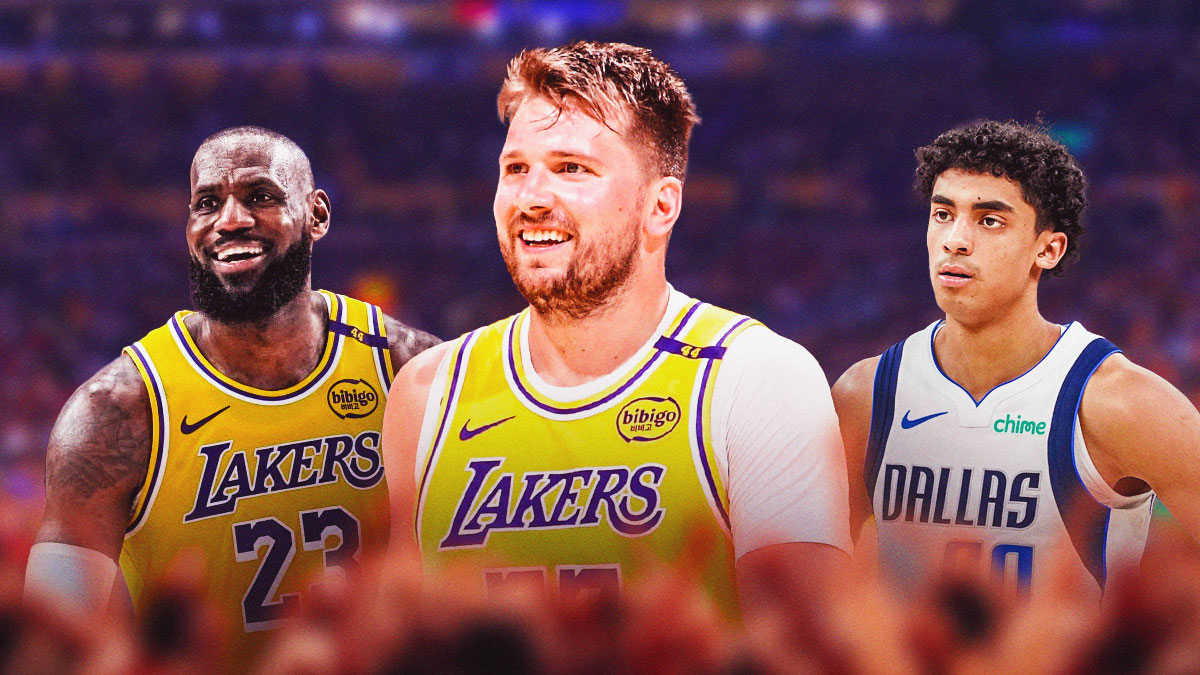 Lakers, LeBron James, Luka Doncic, Max Christie, Lakers Mavericks, LeBron James and Luka Doncic in Lakers unis smiling, Max Christie is Mavericks uni behind them with straight face