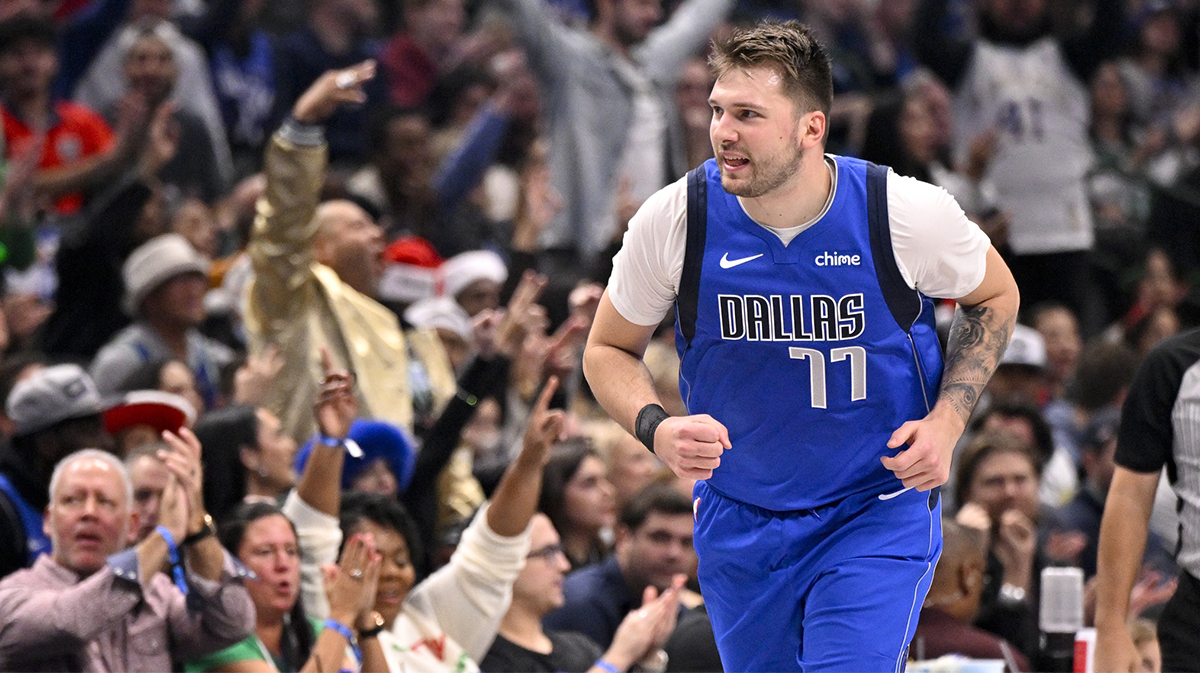 Dallas Mavericks guard Luka Doncic (77) celebrates after making a basket against the Minnesota Timberwolves during the first quarter at the American Airlines Center. Mandatory Credit: Jerome Miron-Imagn Images