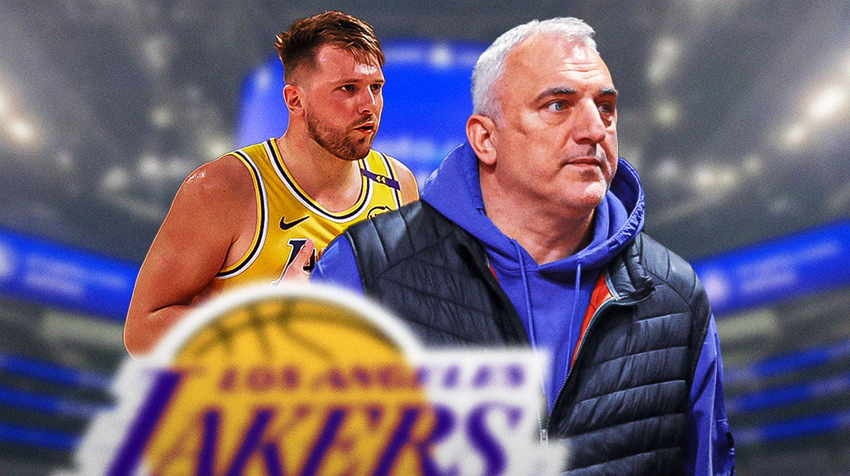Lakers guard Luka Doncic next to his dad with the Crypto.com Arena in the background Lakers shooting slump