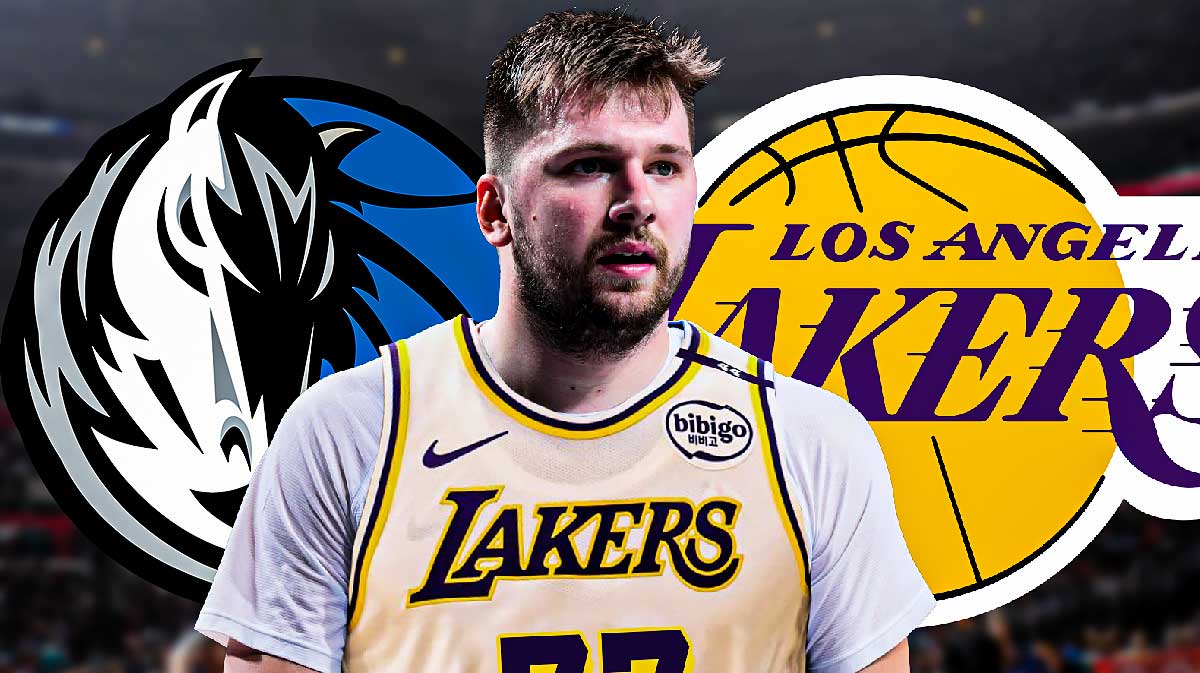 Luka Doncic in a Lakers jersey looking serious. Place the Dallas Mavericks and Los Angeles Lakers 2024-25 logos in background.