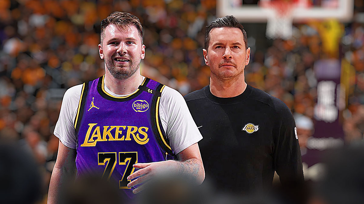 Luka Doncic, JJ Redick, Lakers, Luka Doncic trade, Luka Doncic Lakers, Luka Doncic in Lakers uni and JJ Redick with Lakers arena in the background