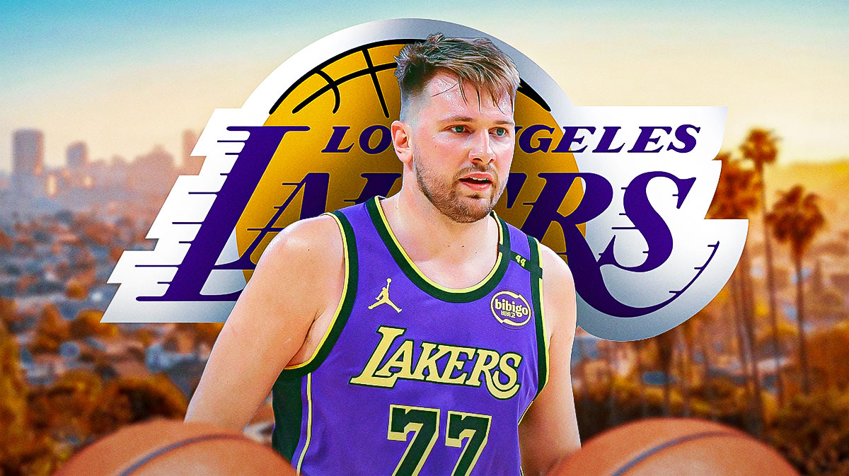 2Lakers guard Luka Doncic next to the Lakers logo with the Los Angeles skyline in the background