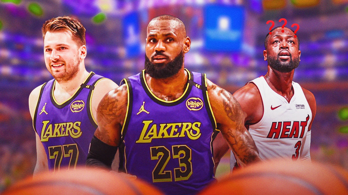 Luka Doncic, LeBron James, Luka Doncic LeBron James, Dwyane Wade, Lakers, Luka Doncic and LeBron James in Lakers uni, Dwyane Wade behind them in Heat uni looking confused, a few question marks around his head. basketball background