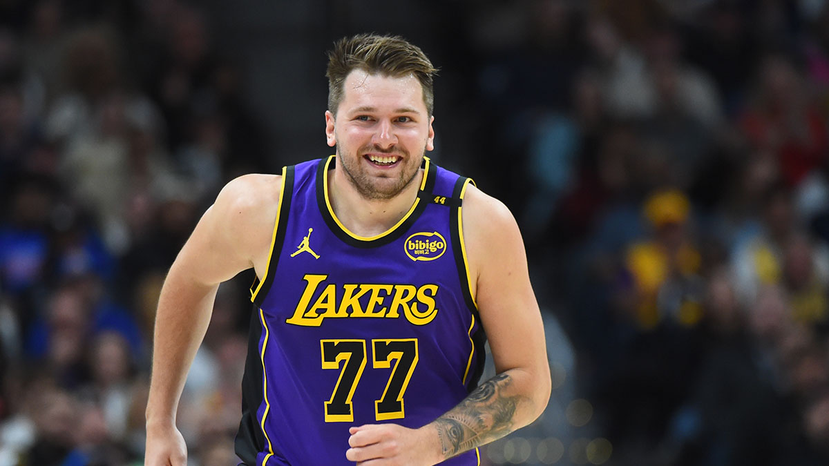 Los Angeles Lakers guard Luka Doncic (77) after a basket during the first half against the Denver Nuggets at Ball Arena. 