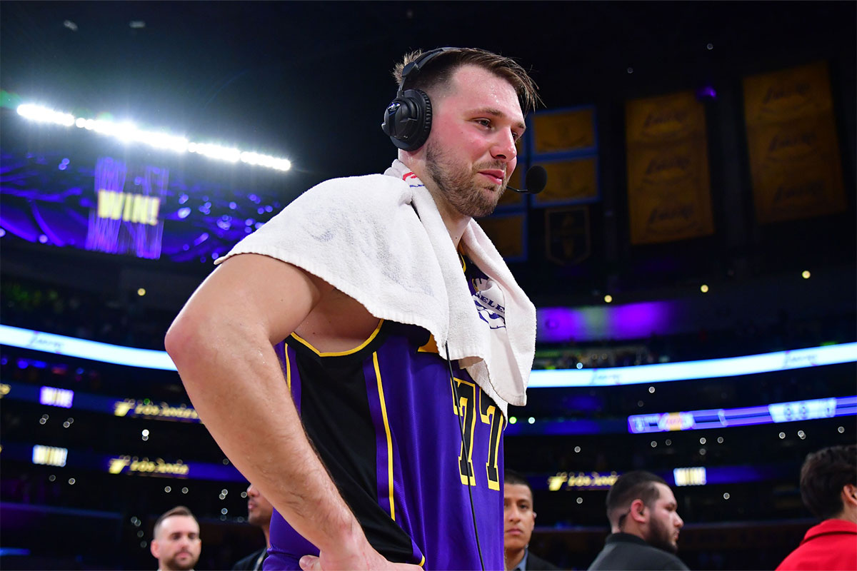 Los Angeles Lakers guard Luka Doncic (77) speaks to the media after the game against the Dallas Mavericks reacts at Crypto.com Arena.