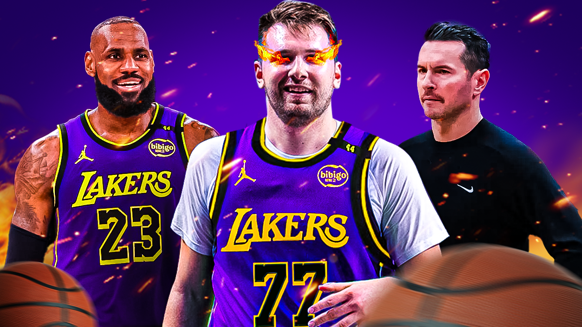 Luka Doncic in a Lakers uniform with fire on his eyes. LeBron James, JJ Redick