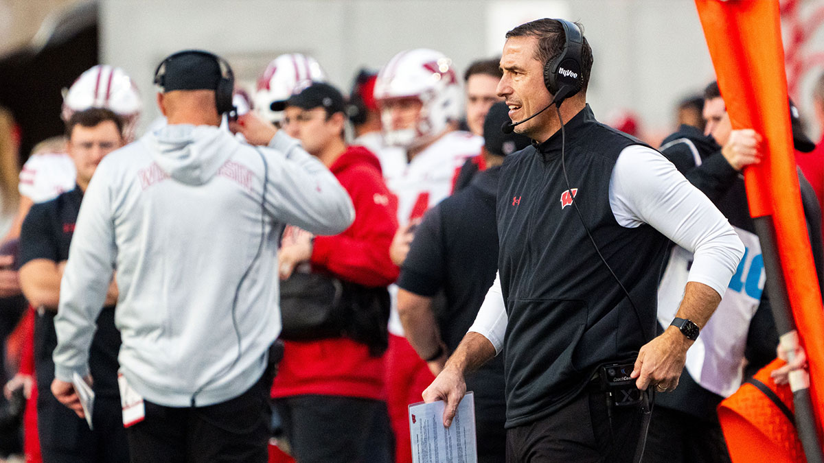 Nov 23, 2024; Lincoln, Nebraska, USA; Wisconsin Badgers head coach Luke Fickell coaches against the Nebraska Cornhuskers during the third quarter at Memorial Stadium.
