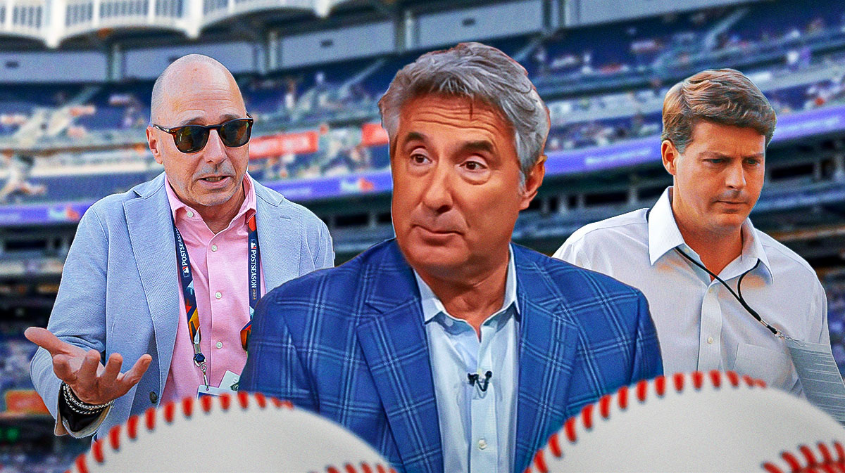 Jon Heyman in the middle of New York Yankees' Hal Steinbrenner and Brian Cashman on either side in front of Yankee Stadium.