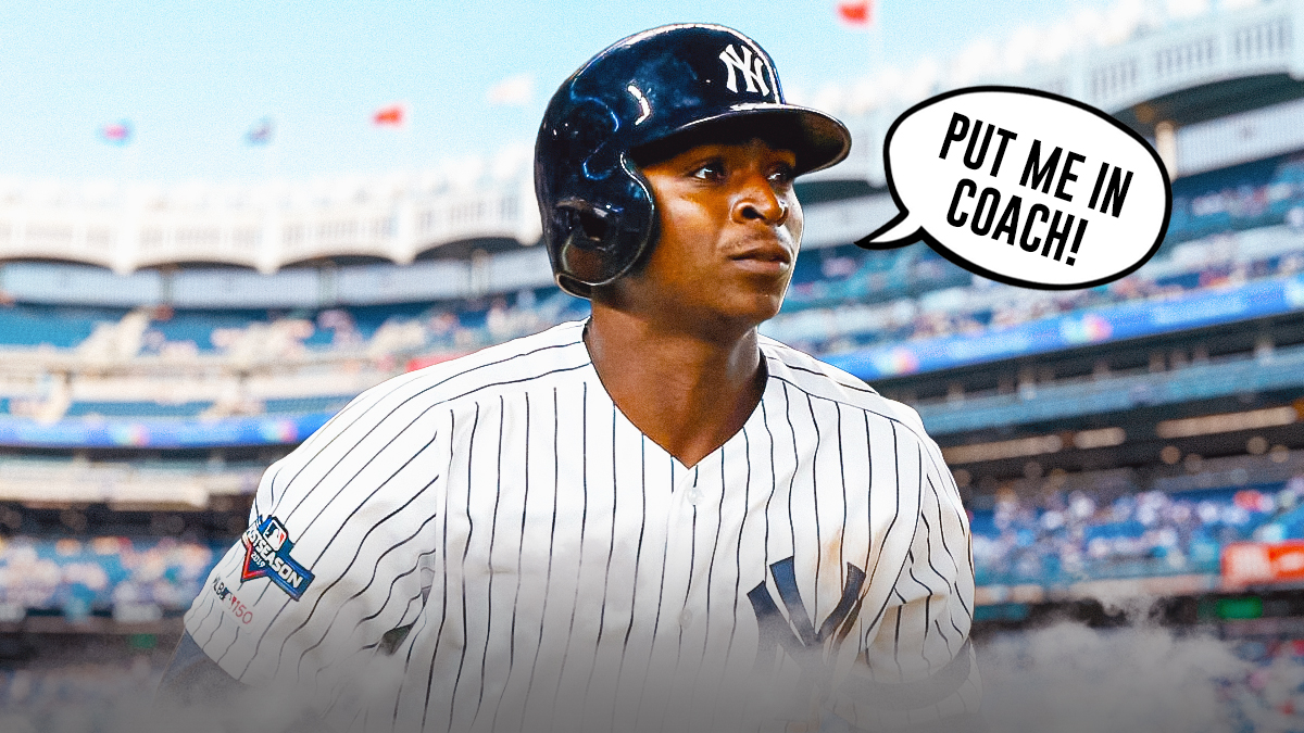 Didi Gregorius in a New York Yankees uniform with a word bubble saying: Put me in coach! as Gregorius hopes to make a comeback in spring training as a free agent.