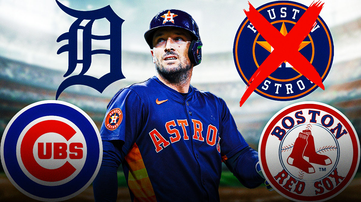 Alex Bregman with Astros, Red Sox, Cubs and Tigers logos. Astros logo crossed out.