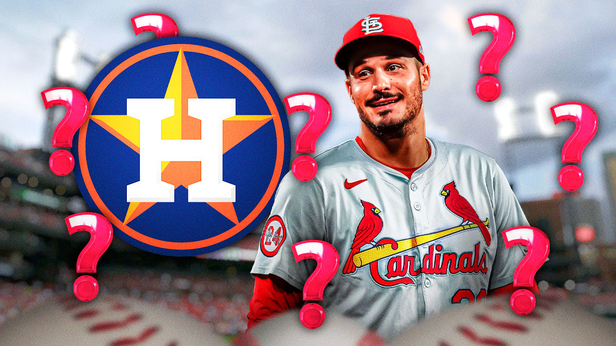 Nolan Arenado in a St. Louis Cardinals uniform witha Houston Astros logo and question marks surrounding him.