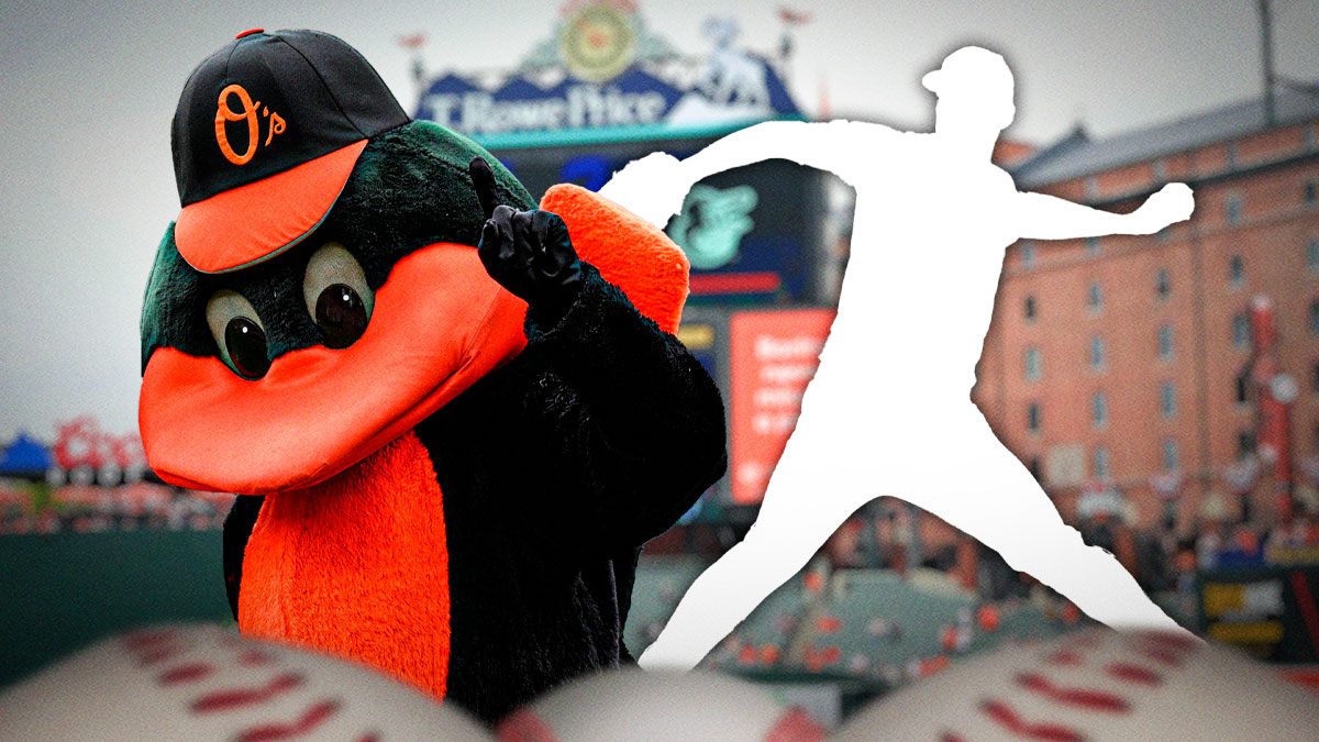 Baltimore Orioles mascot with silhouette of John Means