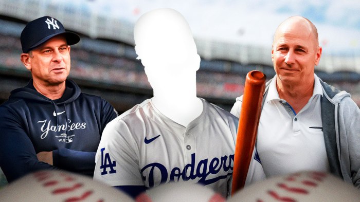 Photo: Silhouette of Kike Hernandez in Dodgers jersey, Brian Cashman, Aaron Boone with peeping eyes in Yankees gear, Yankee Stadium as the background