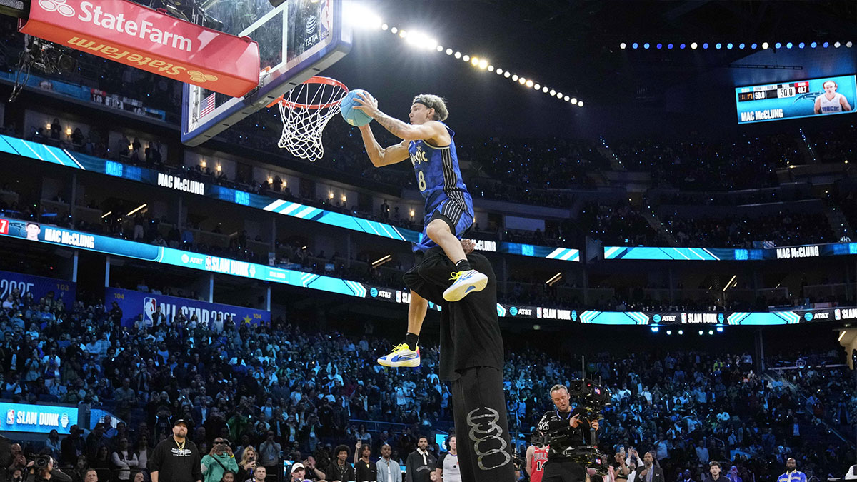 Feb 15, 2025; San Francisco, CA, USA; Osceola Magic guard Mac McClung competes in the slam dunk competition during All Star Saturday Night ahead of the 2025 NBA All Star Game at Chase Center.
