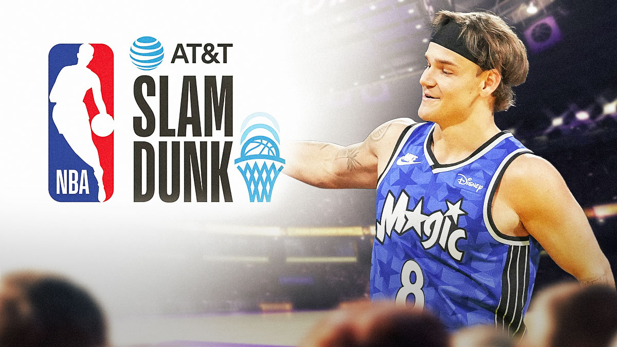 Photo: Mac McClung smiling in Magic jersey, Slam Dunk Contest logo beside him