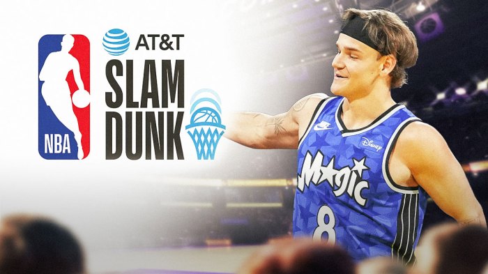 Photo: Mac McClung smiling in Magic jersey, Slam Dunk Contest logo beside him