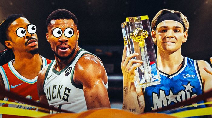 Mac McClung on one side, Giannis Antetokounmpo and Ja Morant on the other side with the big eyes emoji over their faces